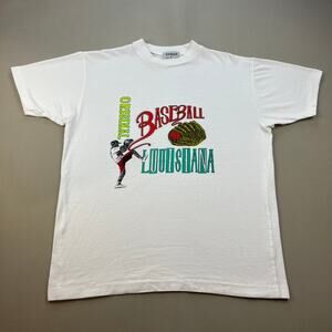 Vintage Baseball T-Shirt Adult Medium White Louisiana Glove Bat Pitcher Art 90s